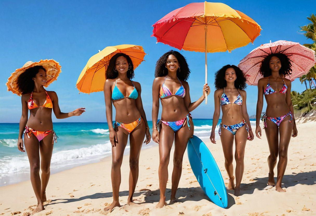 A vibrant beach scene featuring a diversity of swimwear styles: brightly colored bikinis, trendy one-pieces, and stylish cover-ups on models of various ethnicities. The sun shines brightly, casting a warm glow on a playful day by the ocean, with beach umbrellas and surfboards in the background. Add elements of tropical flowers and sandy shores to enhance the summer vibe. super-realistic. vibrant colors. sunny atmosphere.