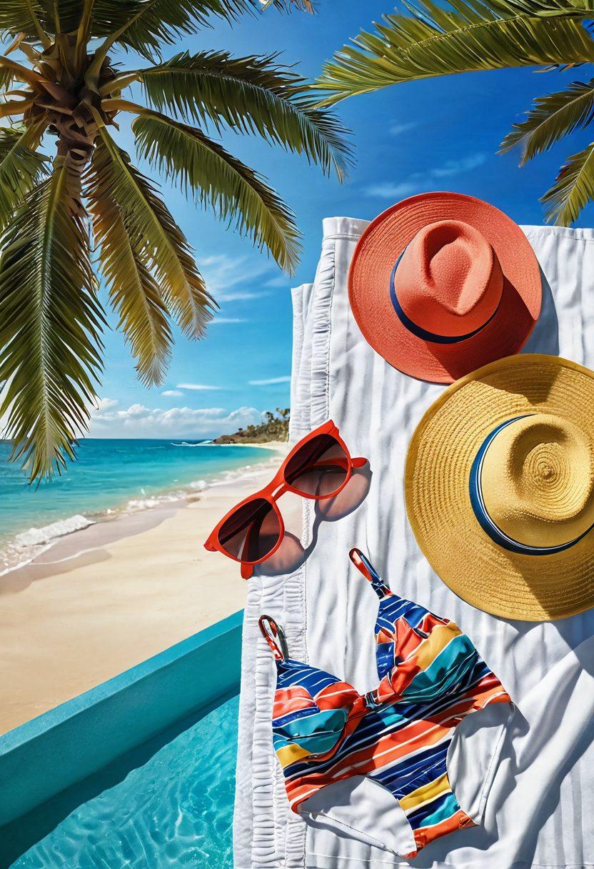 A vibrant beach scene featuring stylish beachwear essentials, including a chic sun hat, trendy sunglasses, and colorful swimsuits on display. Soft waves lapping at the shore with palm trees in the background, while a sun-soaked atmosphere radiates a warm glow. Add playful elements like beach towels and tropical drinks to enhance the fun vibe. Photorealistic. bright colors. summer theme.